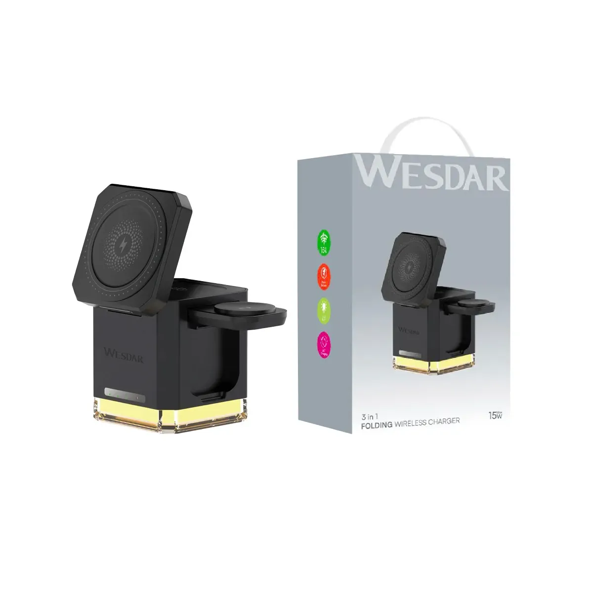 Caricatore 3 in 1da tavolo wireless con triplo sistema di carica a induzione per cellulare e smartwatch e AirPods