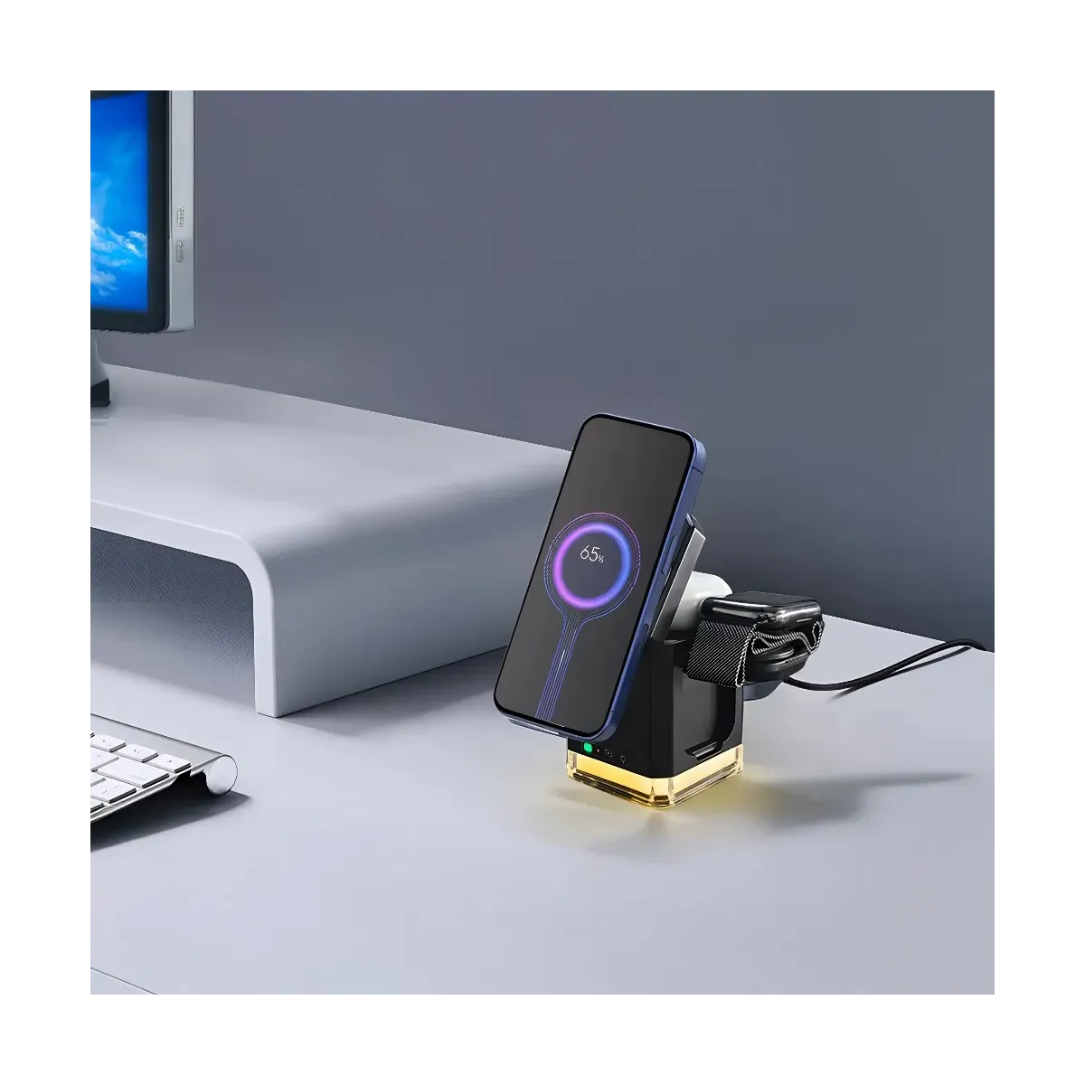 Caricatore 3 in 1da tavolo wireless con triplo sistema di carica a induzione per cellulare e smartwatch e AirPods